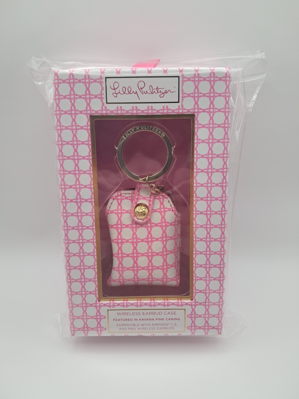 Lilly Pulitzer Havana Pink Pro Wireless Earbuds Airpods 1 & 2 Case Gold Keychain